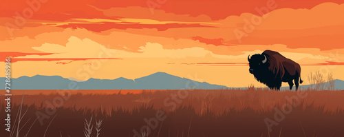American bison on the Prairie grassland at sunset, panoramic view, illustration generated by ai