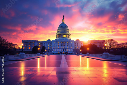View of exterior of United States Capitol building during sunset, Washington DC, United States. AI Generation
