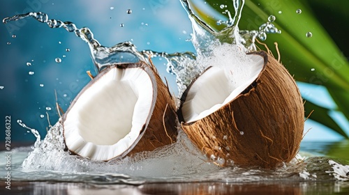 coconuts with water splash and leaves. Fresh coconut. Banner, label, advertisement