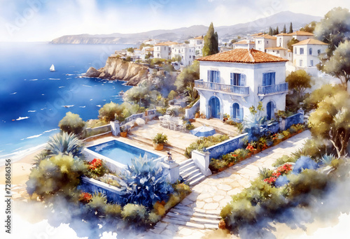 Mediterranean House Watercolor Painting Style Background photo