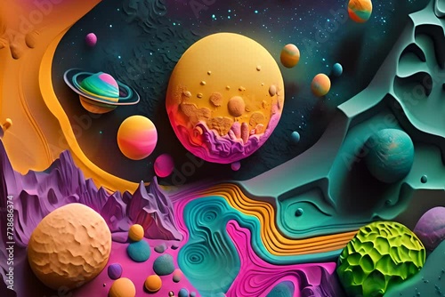 Colorful plasticine art space landscape. Fantasy children background with planets and mountains. photo