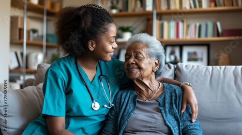 tender moment between a young female nurse in scrubs with a stethoscope and an elderly woman photo
