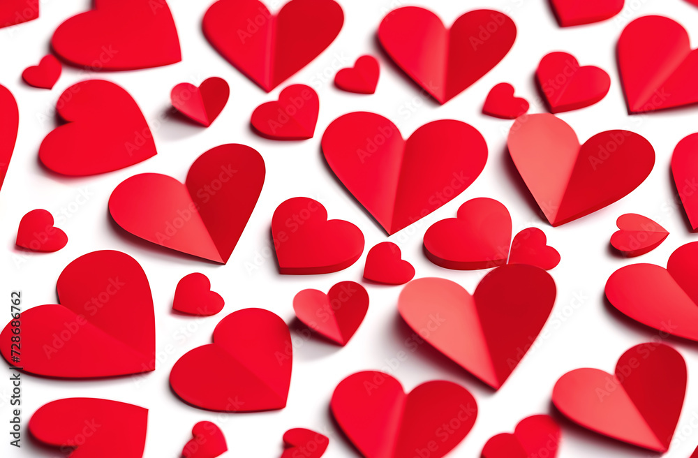 Wallpaper with red paper hearts on a white background flatly. Horizontal format. Wallpaper with red paper hearts on a white background flatly. Horizontal format.