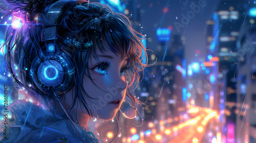 Generative ai an neon gamer anime fashion girl wearing headphones lost in her music, generative ai