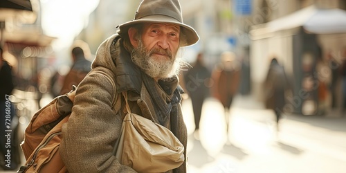 Panhandling concept with homeless man begging on a street corner to get out of poverty photo