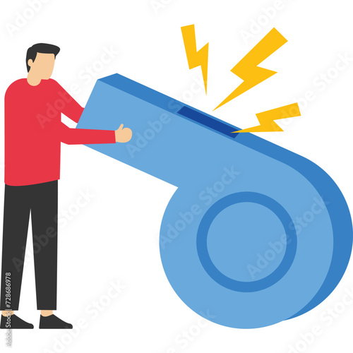 Whistleblower business insider mistake to disclose information illegally to public concept, businessman blowing whistle pointing signal to inform others. flat vector illustration on a white background