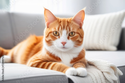 Wallpaper Mural Portrait of cute orange and white cat with beautiful eyes lies on a gray couch with plaid and looks in camera in a cozy home. Fluffy pet misses its owners. Feline relaxes on the sofa during the day. Torontodigital.ca