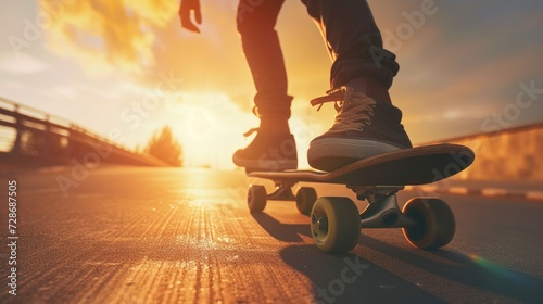 young man riding a skateboard high speed on urban road at sunset. Active lifestyle concept. Extreme sport. Outdoor activity photo