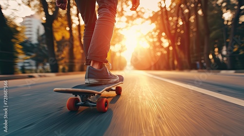 young man riding a skateboard high speed on urban road at sunset. Active lifestyle concept. Extreme sport. Outdoor activity