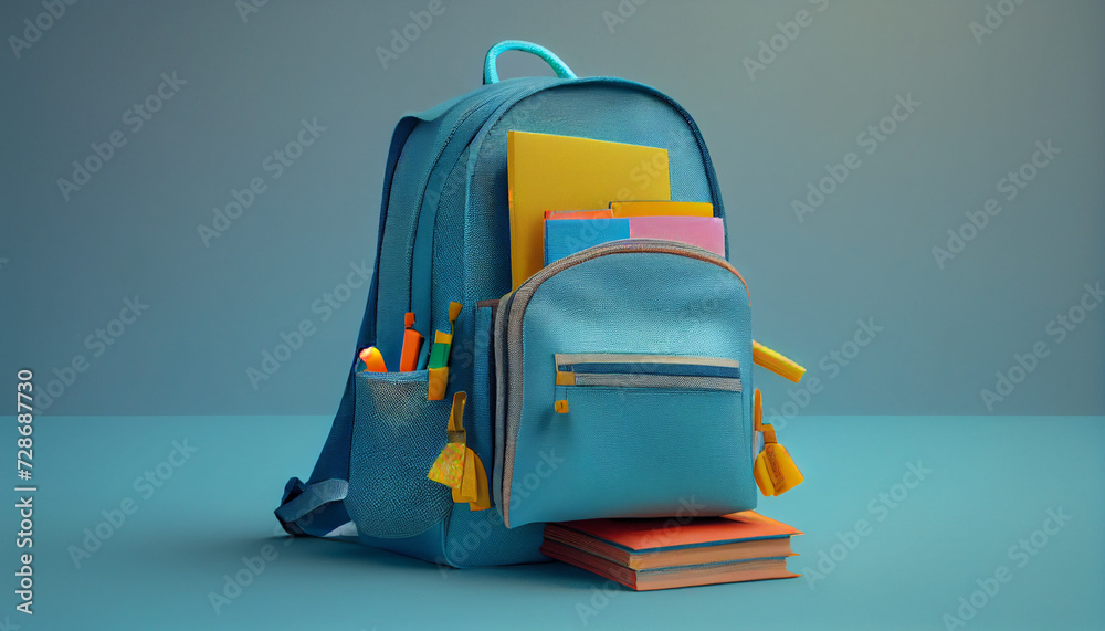 Full school backpack with books isolated on blue background with copy space. Back to School concept, Ai generated image Full school backpack with books isolated on blue background with copy space. Back to School concept, Ai generated image