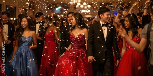 Prom romance with young students dressed up in a tuxedo and  gown to dance the night away before leaving high school
