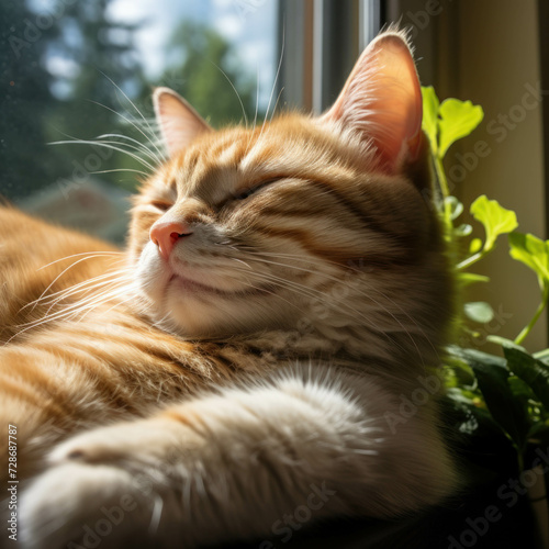 A fluffy brown cat is sleeping next to a potted plant at home, with its eyes closed. The cat appears to be very comfortable and relaxed.