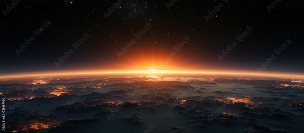 Fototapeta premium A planet surface with a red and orange sky, with a large sunrise in the upper frame. Global warming