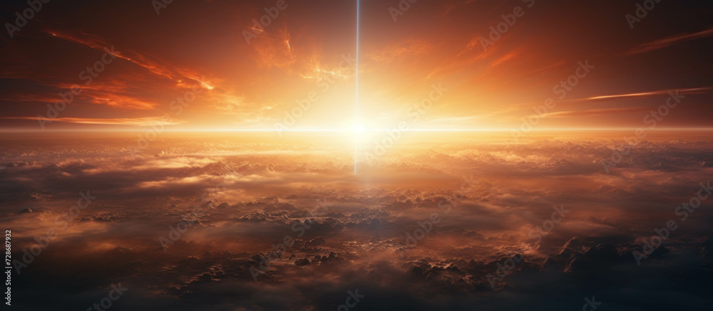 Fototapeta premium A planet surface with a red and orange sky, with a large sunrise in the upper frame. Global warming