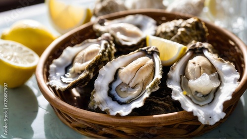 A luxurious seafood spread features oysters on ice, freshly shucked and served with a squeeze of lemon and a sprig of rosemary for an enhanced flavor