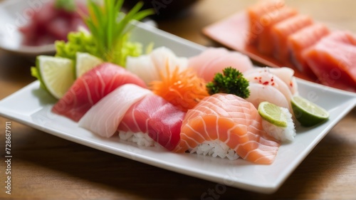 On a carefully presented plate, you'll find an assortment of fresh sashimi slices, featuring salmon and tuna, adorned with zesty lemon wedges and vibrant parsley