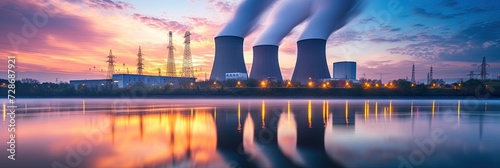 Nuclear power plant blowing smoke into the sky to produce electricity to power the grid