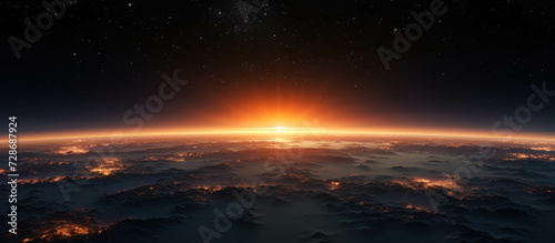 A planet surface with a red and orange sky, with a large sunrise in the upper frame. Global warming