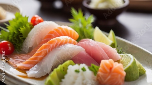 A selection of fresh sashimi slices including salmon and tuna, beautifully arranged on a plate with garnishes of lemon and parsley.