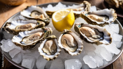 Freshly shucked oysters on a bed of crushed ice, accompanied by lemon wedges and rosemary sprigs, ready to be served.