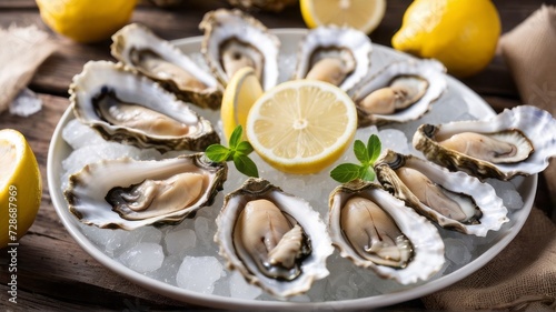 A luxurious seafood spread features oysters on ice, freshly shucked and served with a squeeze of lemon and a sprig of rosemary for an enhanced flavor