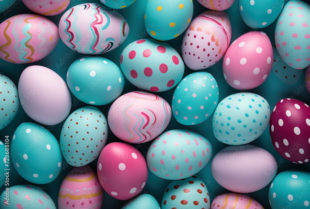 Colorful Easter eggs background. Easter eggs are painted in pastel colors with polka dots.