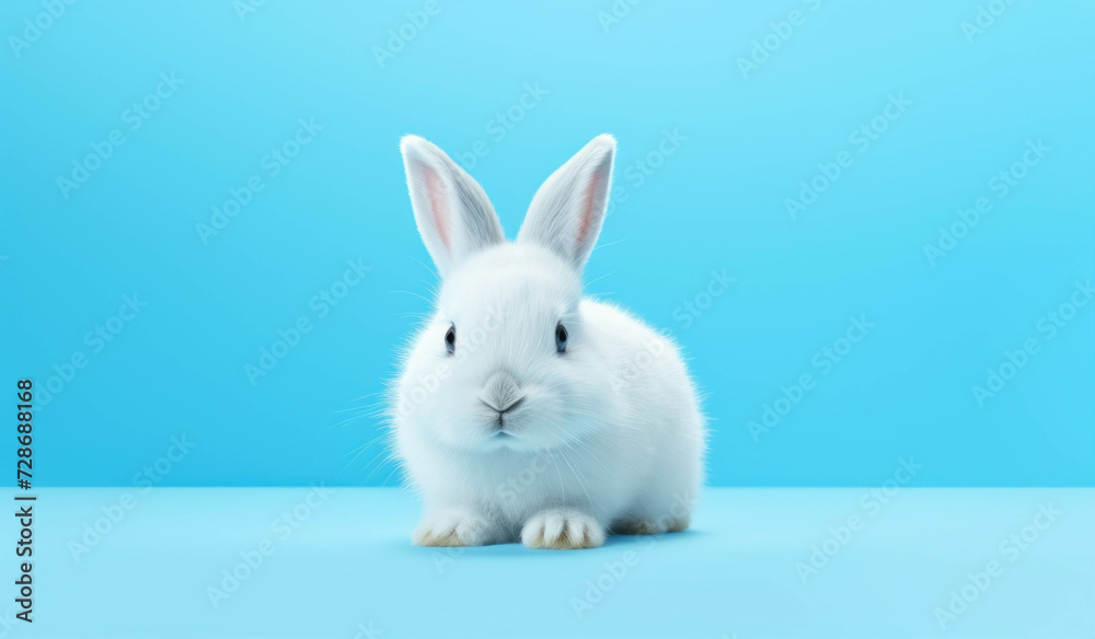 Happy Easter day bunny. A white rabbit stands in front of a blue background. Happy Easter day bunny. A white rabbit stands in front of a blue background.