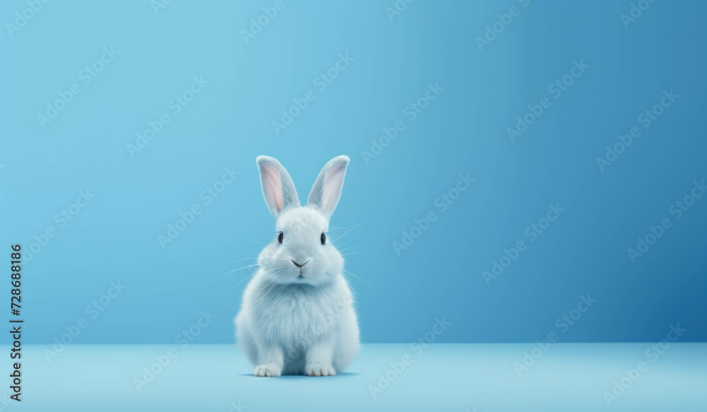 Happy Easter day bunny. A white rabbit stands in front of a blue background.