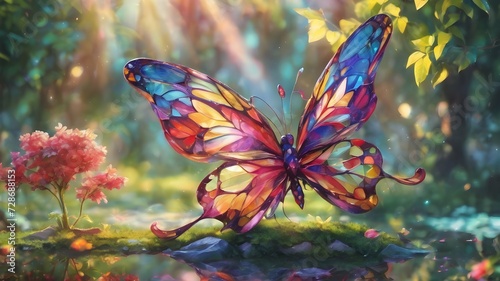 drawing of a colorful butterfly in the middle of a beautiful forest © Anton