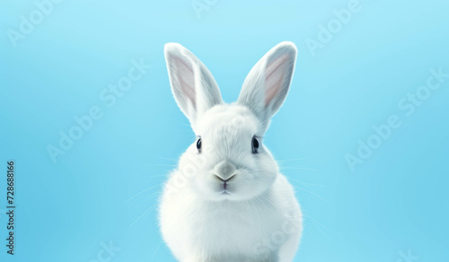 Happy Easter day bunny. A white rabbit stands in front of a blue background. © Katewaree