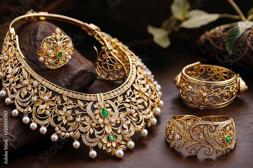 A gold necklace with emerald and pearl accents sits on a wooden surface. To the right, a gold bracelet with a similar design. In the background, a gold ring and a gold bangle. All the jewelry is adorn © Baloch Arts