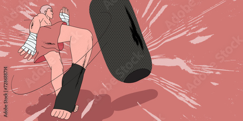 Kickboxer training his hits on punching bag. Martial art or boxing with trainer at gym. Sport banner, poster or placard for gym or championship competition in kickboxing, box, jujitsu, sambo.