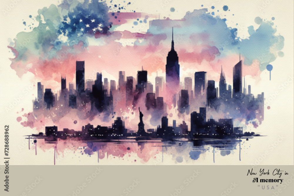 A minimalist watercolour image featuring the silhouette of the New York City against a pastel sky, embodying the essence of the USA in a few elegant strokes.