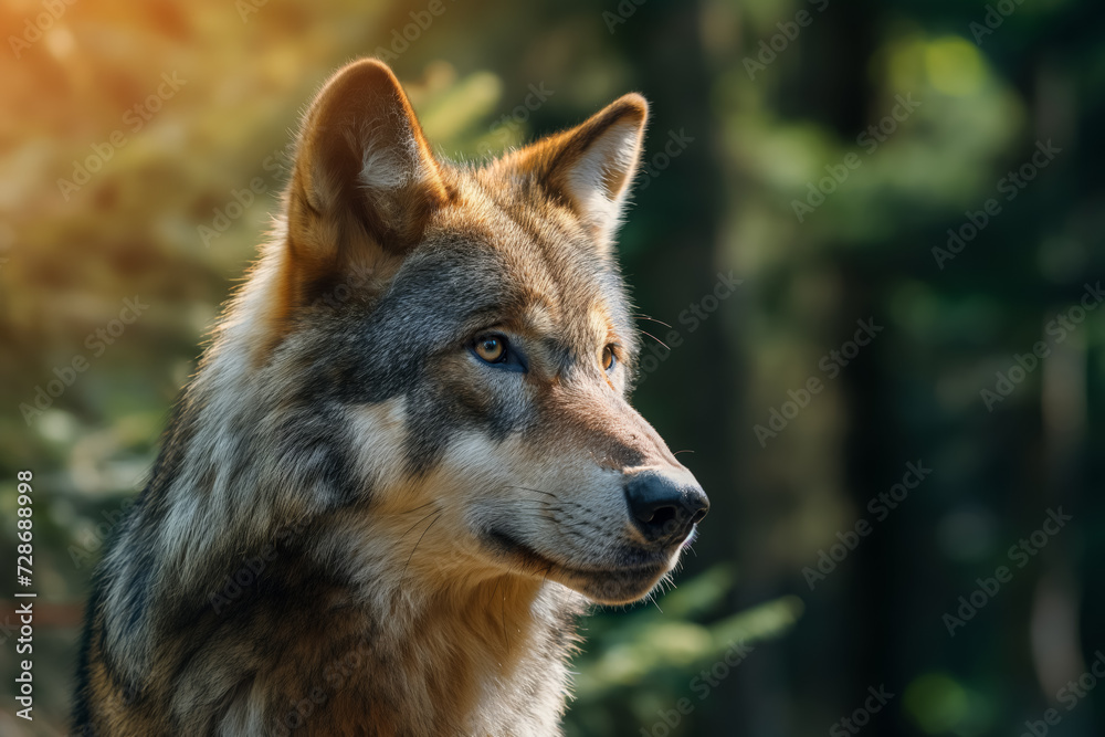 A wolf's head in profile with a forest backdrop, highlighting its attentive eyes and ears.