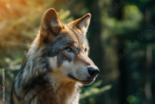 A wolf s head in profile with a forest backdrop  highlighting its attentive eyes and ears.