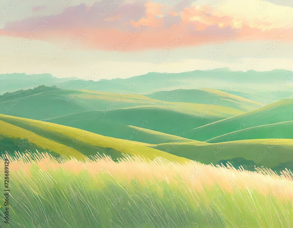 Beautiful landscape with waves of tall grass blowing in the wind. Anime style, colorful pastel picture. Beautiful landscape with waves of tall grass blowing in the wind. Anime style, colorful pastel picture.
