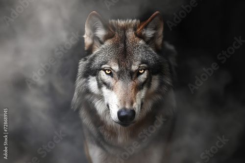 A solemn wolf stares forward with intense eyes, against a misty, dark background. © Enigma