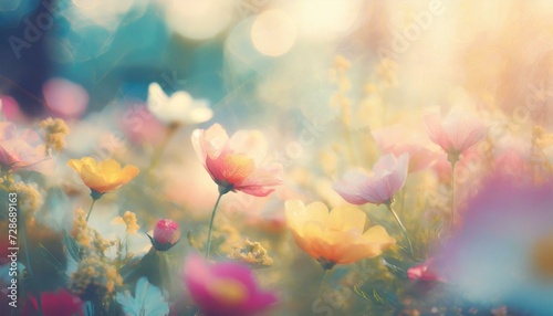 Bright pastel background with beautiful colorful springtime meadow flowers. 