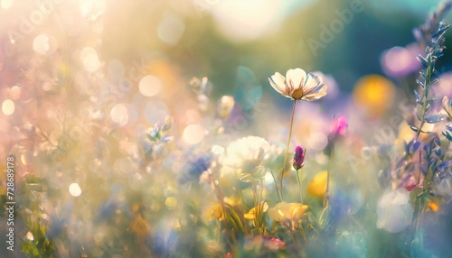 Pale bright pastel background with beautiful colorful springtime meadow flowers. 