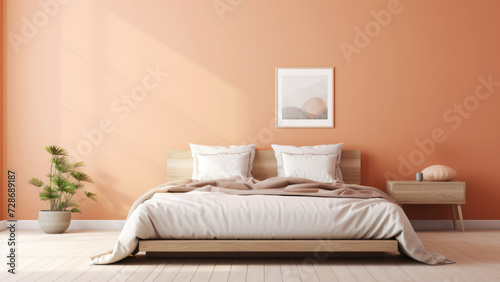 A modern bedroom with a wooden bed white bedding a terracotta peach wall and a framed abstract painting. Contemporary minimalist interior design