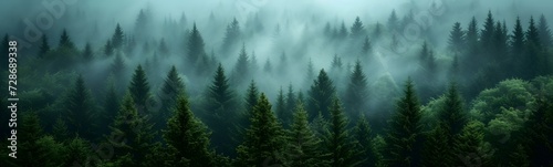 Misty foggy covering a fir forest, Pine tree Forest panorama view. © Almultazam