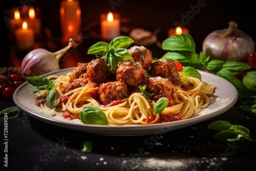 Spaghetti with meatballs and basil with candle lights and garlic on background. Traditional food concept