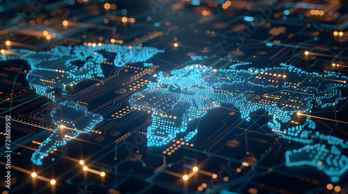 The fusion of circuitry and a world map visualizes the seamless integration of technology into worldwide business and information exchange.