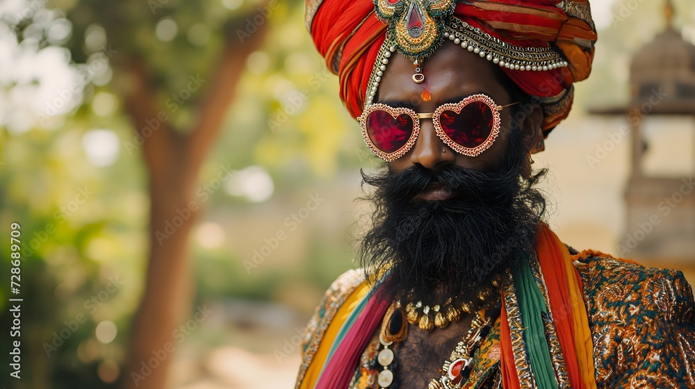 Indian man in traditional costume and heart shaped sunglasses