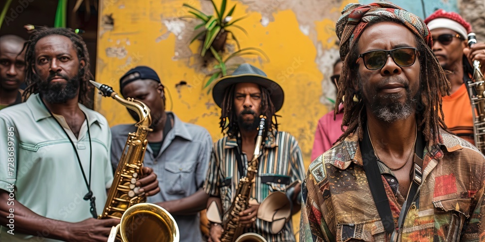 Fototapeta premium Reggae band filled with Rastafarians and their instruments
