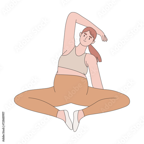 Pregnant woman practicing yoga vector flat illustration. Active future mothers doing aerobic exercise, meditating and stretching isolated. Female enjoy healthy lifestyle. Regular physical activity.