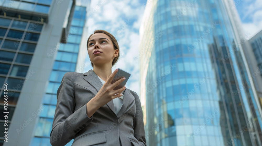 Young professional woman in business attire is holding a smartphone and looking confidently forward with large glass buildings in the background. Young professional woman in business attire is holding a smartphone and looking confidently forward with large glass buildings in the background.