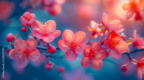 Vibrant Pink Cherry Blossoms Bloom Profusely Against A Softly Blurred Blue Background,