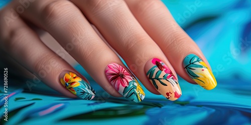 Colorful painted nails with an intricate design for manicure concept photo