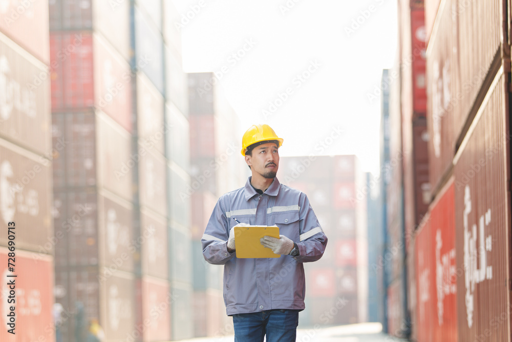 Asian male logistic worker in safety workwear portrait at the container yard. Logistic foreman portrait.